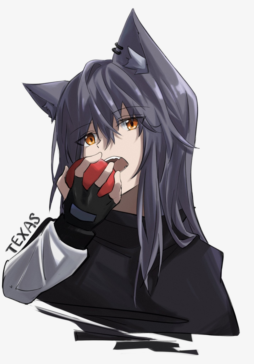 1girl animal_ear_fluff animal_ears apple arknights black_capelet black_gloves black_hair capelet character_name chinese_commentary commentary_request ear_piercing eating eyebrows_visible_through_hair eyes_visible_through_hair fingerless_gloves food fruit gloves hair_between_eyes hibioes highres jacket long_hair open_mouth piercing solo teeth texas_(arknights) upper_body white_jacket wolf_ears yellow_eyes