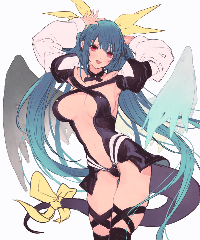 1girl :d arms_up asymmetrical_wings black_legwear blue_hair breasts center_opening dizzy_(guilty_gear) guilty_gear hair_ribbon highres large_breasts long_hair looking_at_viewer navel oro_(sumakaita) red_eyes ribbon simple_background smile solo tail tail_ornament tail_ribbon thighhighs thighs white_background wings yellow_ribbon