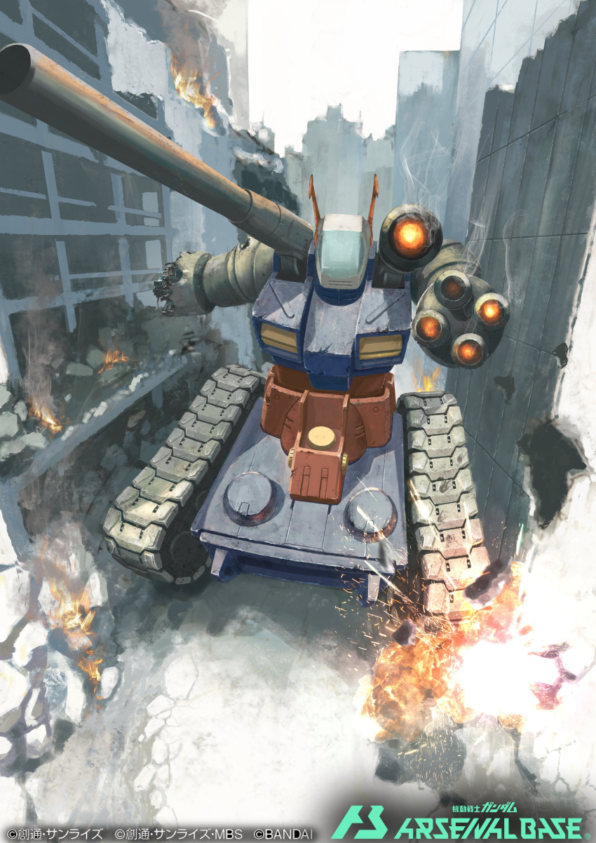 absurdres arm_cannon caterpillar_tracks damaged deraken explosion fire gundam gundam_arsenal_base guntank highres mecha mobile_suit_gundam official_art science_fiction shoulder_cannon smoke solo weapon