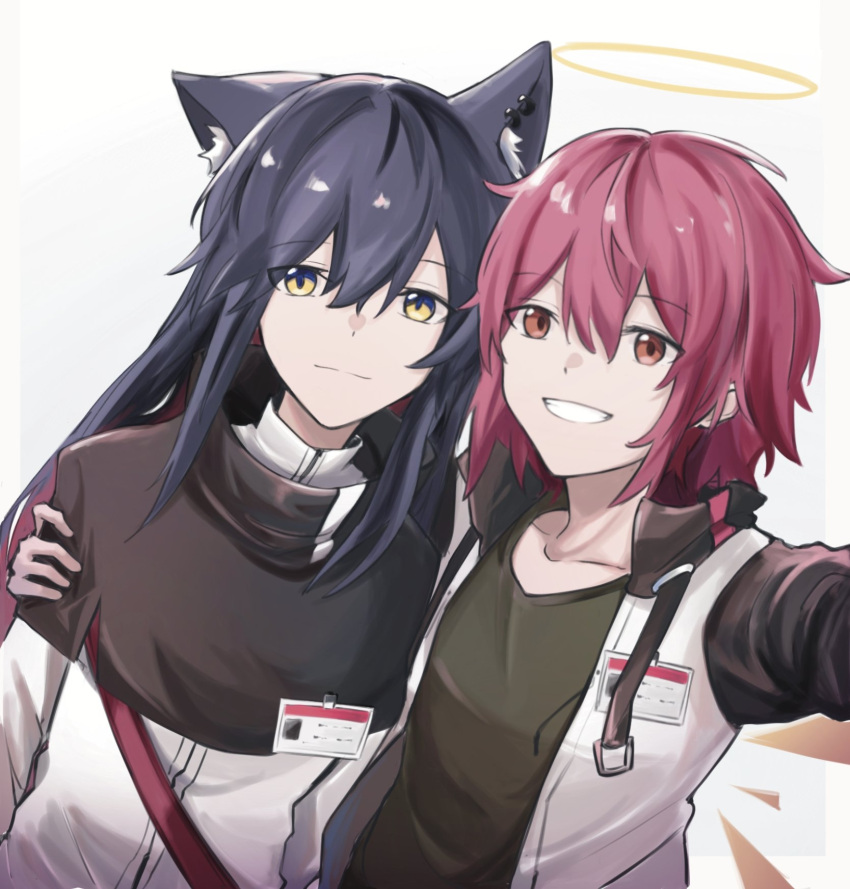 2girls animal_ear_fluff animal_ears arknights black_capelet black_hair capelet chinese_commentary closed_mouth collarbone colored_inner_hair commentary_request detached_wings ear_piercing energy_wings exusiai_(arknights) eyebrows_visible_through_hair gradient_hair green_shirt halo hibioes highres holding_another's_arm id_card jacket multicolored_hair multiple_girls open_clothes open_jacket piercing raglan_sleeves red_eyes red_hair shirt short_hair smile texas_(arknights) white_jacket wings wolf_ears wolf_girl