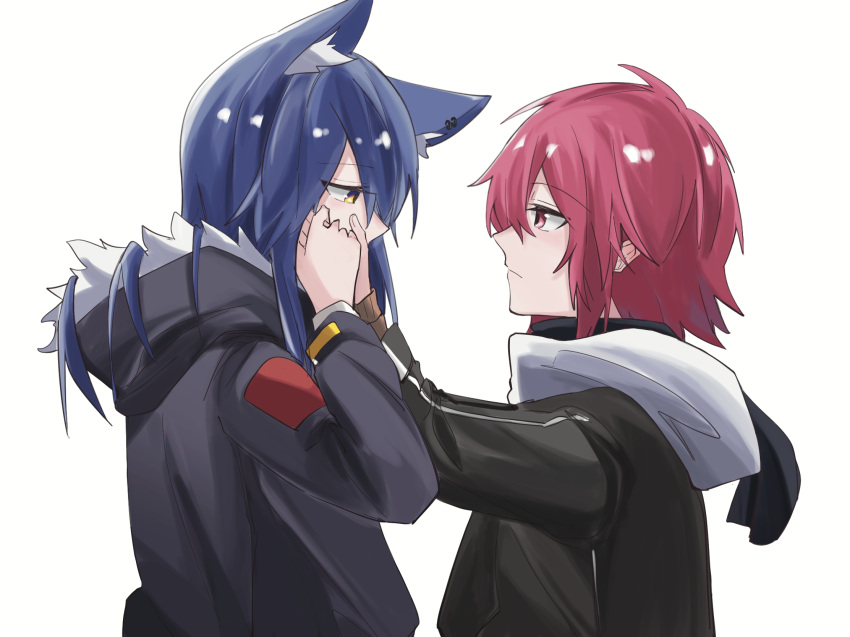 2girls animal_ear_fluff animal_ears arknights black_jacket blue_hair brown_jacket chinese_commentary closed_mouth commentary_request exusiai_(arknights) eyebrows_visible_through_hair fur-trimmed_hood fur_trim hands_on_another's_face hibioes highres hood hooded_jacket jacket long_hair multiple_girls red_eyes red_hair short_hair texas_(arknights) wolf_ears