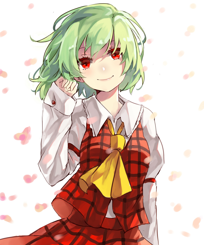 1girl absurdres ascot bangs buttons closed_mouth collared_shirt eyelashes green_hair hand_in_hair happy highres juliet_sleeves kani_nyan kazami_yuuka lips long_sleeves looking_at_viewer plaid plaid_skirt plaid_vest puffy_sleeves red_eyes red_skirt red_vest shirt short_hair simple_background skirt skirt_set smile touhou upper_body vest wavy_hair white_background white_shirt yellow_ascot youkai