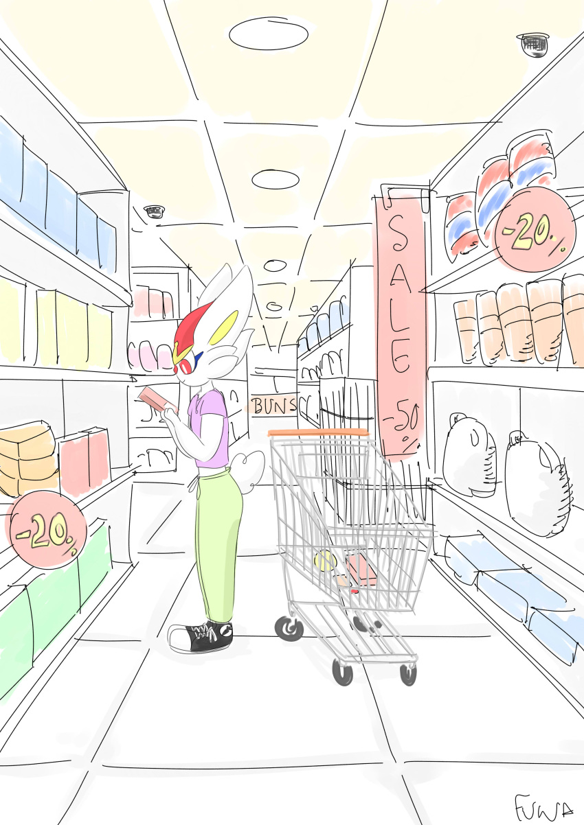 absurd_res ambiguous_gender animal_humanoid anthro cinderace clothing footwear fur groceries hi_res humanoid lagomorph lagomorph_humanoid mammal mammal_humanoid mr_fuwa nintendo pok&eacute;mon pok&eacute;mon_(species) red_body red_eyes red_fur shoes sneakers solo supermarket video_games white_body white_fur