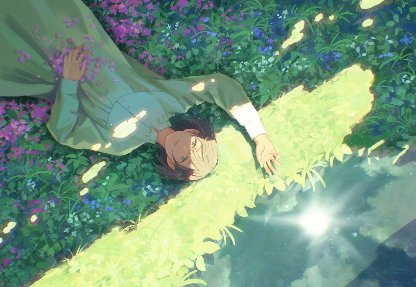 1girl brown_hair character_request closed_mouth commentary_request dappled_sunlight dress flower grass green_eyes highres hiko_(scape) leaf long_hair lying meadow on_back original petals sunlight white_dress
