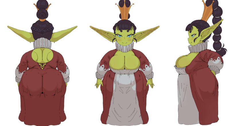 absurd_res belly big_breasts big_butt black_hair breasts butt cleavage clothed clothing crown dress female forastero goblin hair hi_res humanoid humanoid_pointy_ears long_ears long_hair model_sheet short_stack slightly_chubby solo wide_hips