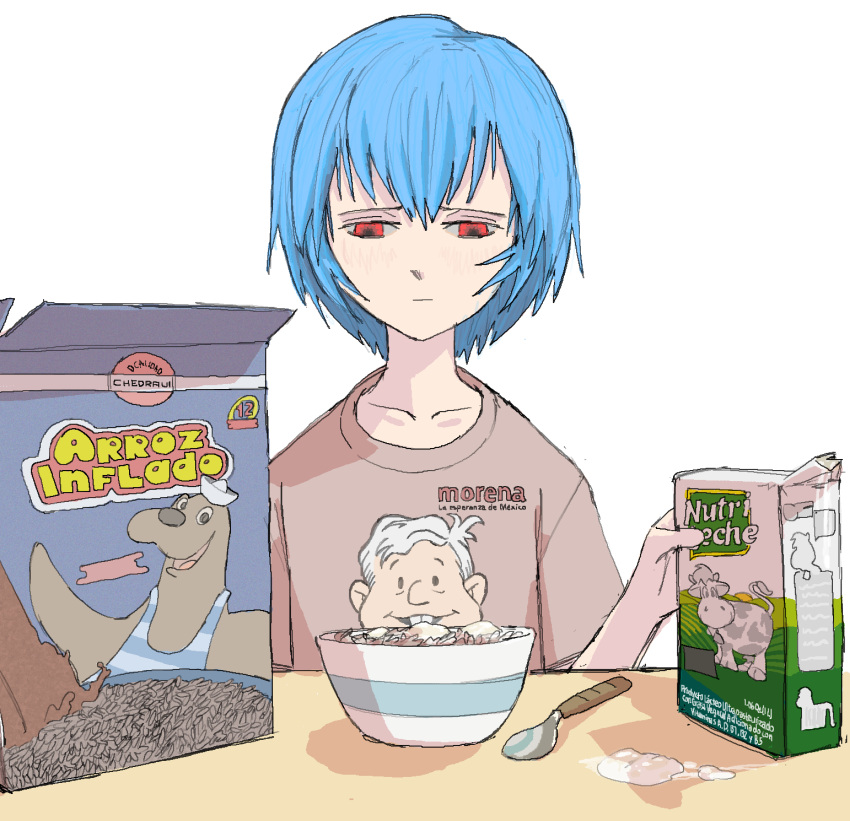 1girl :| absurdres andres_manuel_lopez_obrador ayanami_rei bangs beige_shirt blue_hair bowl breakfast casual cereal cereal_box closed_mouth clothes_writing eating furrowed_brow hair_between_eyes half-closed_eyes hand_up highres holding holding_carton indoors jaggy_lines light_blush light_frown looking_at_viewer milk milk_carton neon_genesis_evangelion pantsu-ripper politician politics print_shirt product_placement real_life real_life_insert red_eyes sad shade shirt short_hair short_sleeves solo spanish_text spill spoon straight-on t-shirt table upper_body white_background