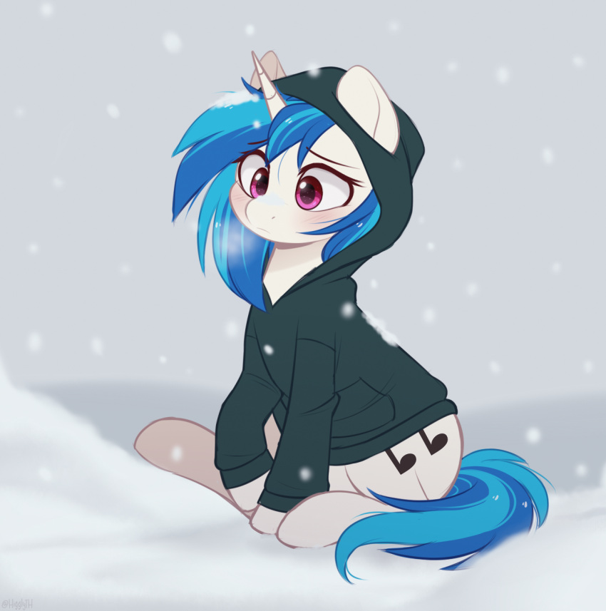 blush clothing cold cutie_mark equid equine female friendship_is_magic hasbro hi_res higglytownhero hoodie horn mammal my_little_pony pockets purple_eyes snow snowflake solo topwear unicorn vinyl_scratch_(mlp) winter