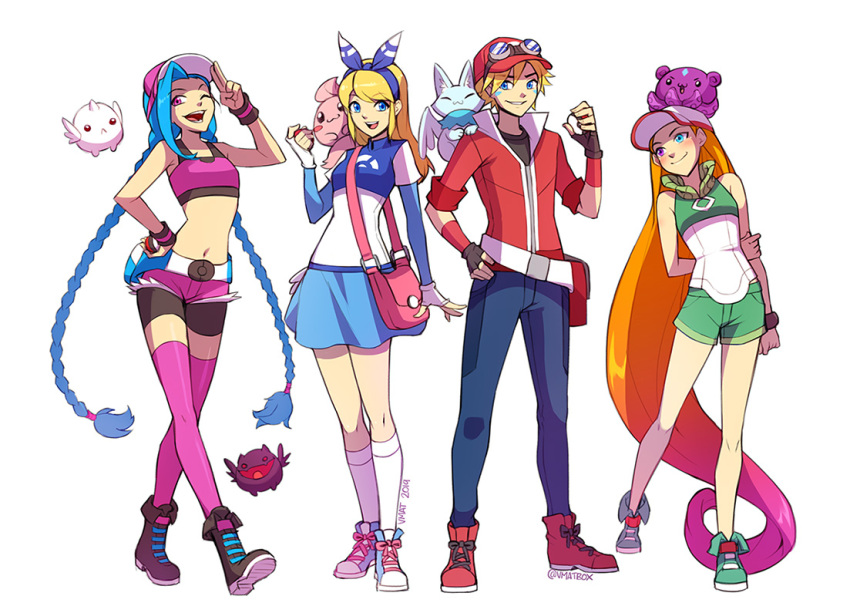 1boy 3girls :d alternate_costume bangs bare_arms bare_shoulders belt blue_hairband blue_skirt bracelet braid breasts brown_footwear brown_gloves ezreal facial_mark full_body gloves green_shorts hairband holding holding_poke_ball jacket jewelry jinx_(league_of_legends) kneehighs league_of_legends little_legend lux_(league_of_legends) multiple_girls navel pink_headwear pink_legwear pink_shorts poke_ball pokemon red_footwear red_headwear red_jacket short_shorts shorts shorts_under_shorts skirt small_breasts smile standing stomach teeth thighhighs twin_braids upper_teeth vmat white_belt white_headwear white_legwear zoe_(league_of_legends)