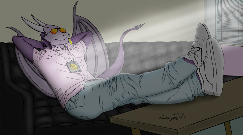 absurd_res anthro detective dragon dragon171 furniture hi_res light male police ray_(disambiguation) relaxing sofa solo sun