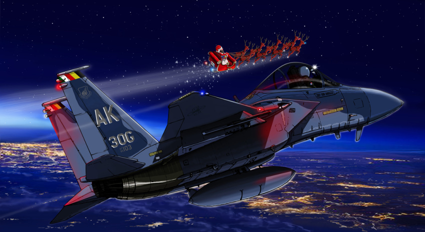 1boy 1other aircraft airplane antlers f-15_eagle fighter_jet flying helmet jet mick_(m.ishizuka) military military_vehicle missile night night_sky original reindeer santa_claus sky sleigh united_states_air_force vehicle_focus