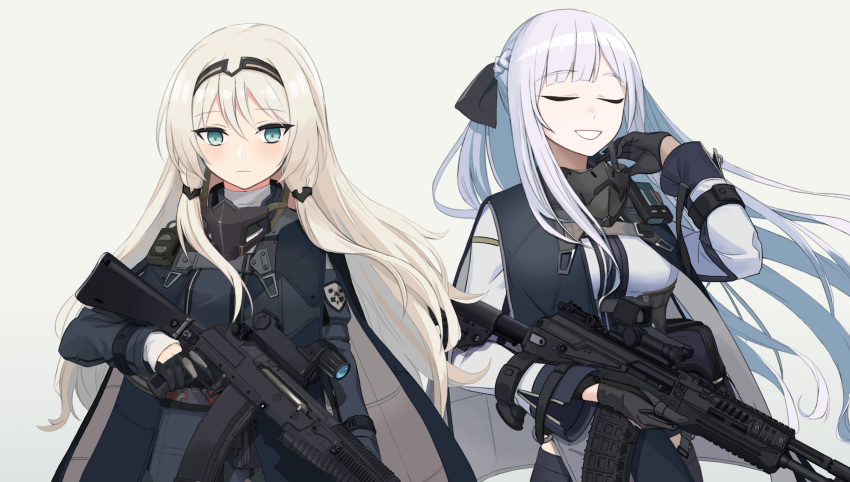 2girls ak-12 ak-12_(girls'_frontline) an-94 an-94_(girls'_frontline) assault_rifle black_gloves blonde_hair braid breasts closed_eyes dlarudgml21 french_braid girls'_frontline gloves green_eyes gun highres holding holding_gun holding_weapon kalashnikov_rifle long_hair long_sleeves magazine_(weapon) mask mask_around_neck medium_breasts multiple_girls reflex_sight rifle scope sidelocks sight silver_hair tactical_clothes weapon