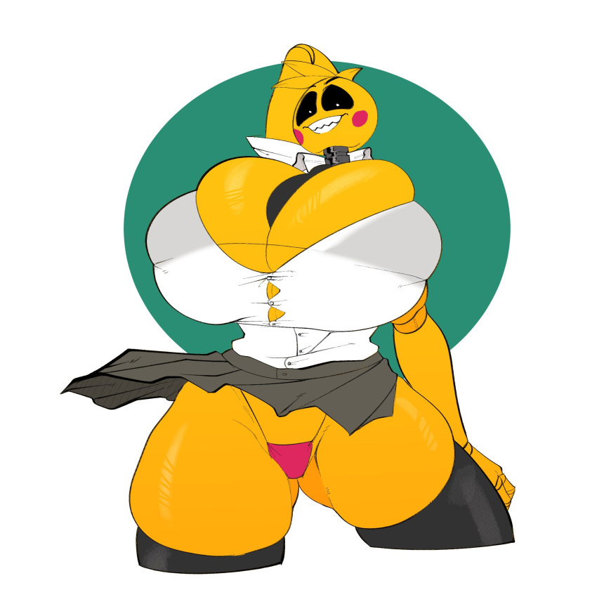 animatronic anthro avian big_breasts bird blush blush_stickers bottomwear breasts bulging_breasts chicken cleavage clothed clothing dress_shirt female five_nights_at_freddy's five_nights_at_freddy's_2 galliform gallus_(genus) hand_behind_head hi_res huge_breasts leggings legwear looking_at_viewer machine necktie phasianid robot scottgames shirt skirt smile solo thong topwear toy_chica_(fnaf) underwear video_games yeehawt0wn yellow_body