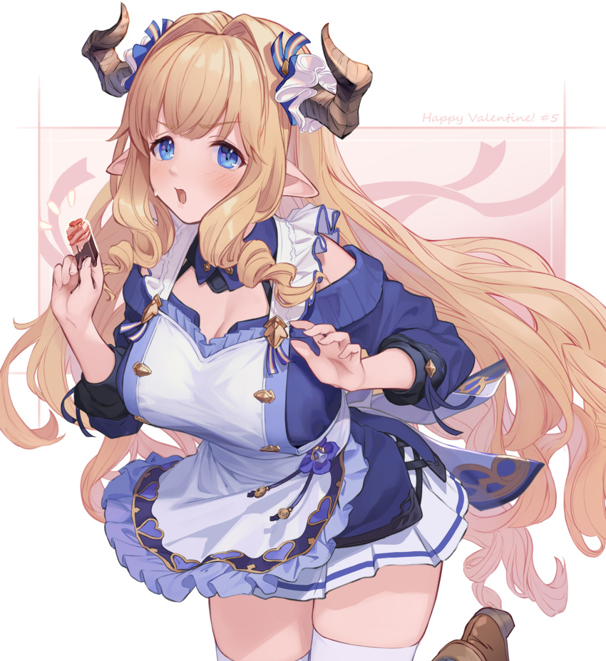 1girl bangs blonde_hair blue_eyes blush breasts chocolate commentary_request draph granblue_fantasy hair_intakes highres horns large_breasts long_hair melting off-shoulder_sweater off_shoulder pointy_ears razia simple_background skirt solo sweater thighhighs u_jie valentine very_long_hair