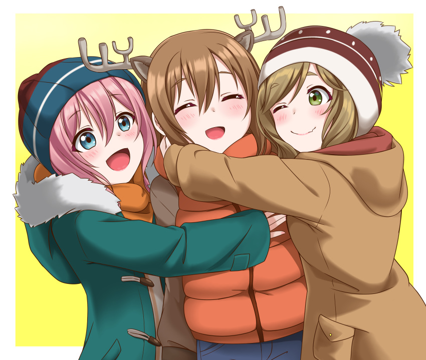 3girls absurdres birthday blue_eyes blush brown_coat brown_hair closed_eyes closed_mouth coat cosplay costume_switch eyebrows_visible_through_hair fang fang_out green_coat green_eyes green_hair highres hug inuyama_aoi jan_azure kagamihara_nadeshiko kunikida_hanamaru lips long_hair looking_at_another love_live! love_live!_sunshine!! multiple_girls one_eye_closed open_mouth orange_coat pink_hair skin_fang smile thick_eyebrows yurucamp