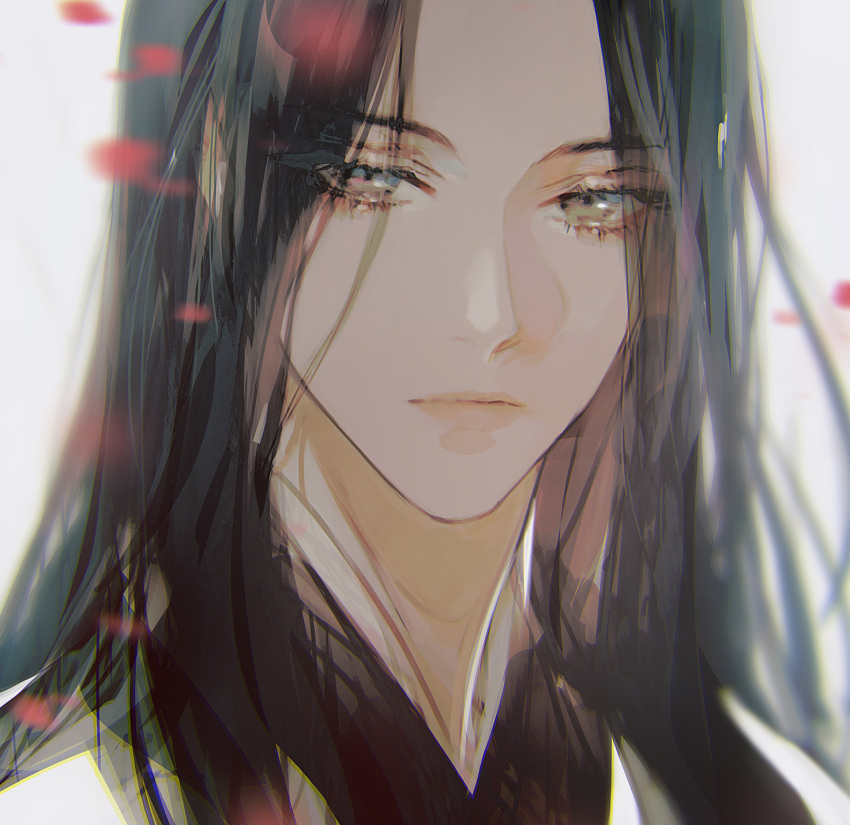 1girl black_hair blurry expressionless gradient_eyes haban_(haban35) highres long_eyelashes long_hair multicolored_eyes petals return_of_the_mount_hua_sect twitter_username white_clothes yu_iseol_(return_of_the_mount_hua_sect)