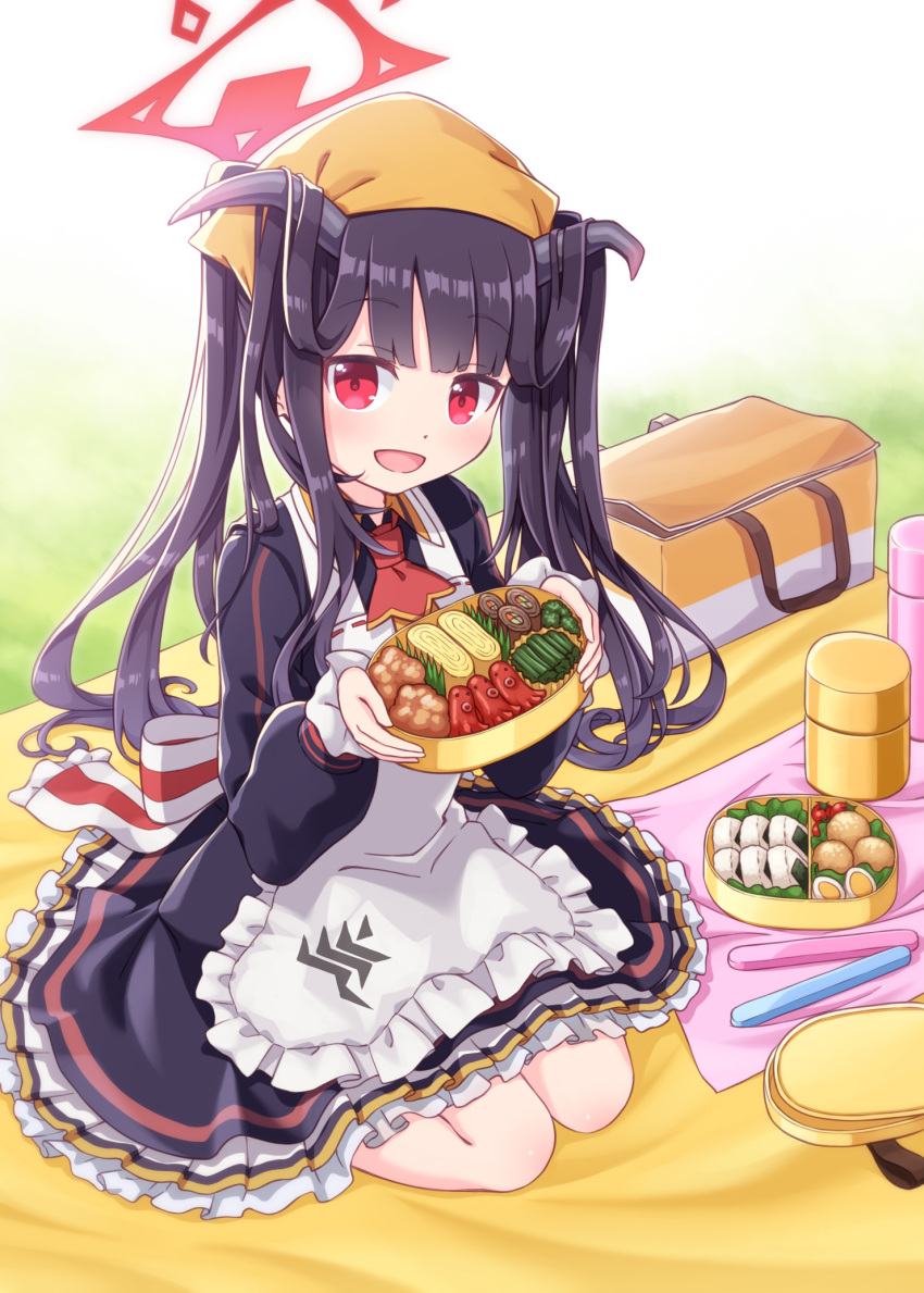 1girl :d apron bangs bento black_hair black_shirt black_skirt blanket blue_archive collared_shirt commentary_request day eyebrows_visible_through_hair food food_art frilled_apron frilled_skirt frills fuuka_(blue_archive) grass halo harada_(sansei_rain) head_scarf highres holding horns long_hair long_sleeves looking_at_viewer omelet onigiri outdoors picnic puffy_long_sleeves puffy_sleeves red_eyes red_neckwear shirt sitting skirt smile solo tako-san_wiener tamagoyaki twintails very_long_hair wariza white_apron