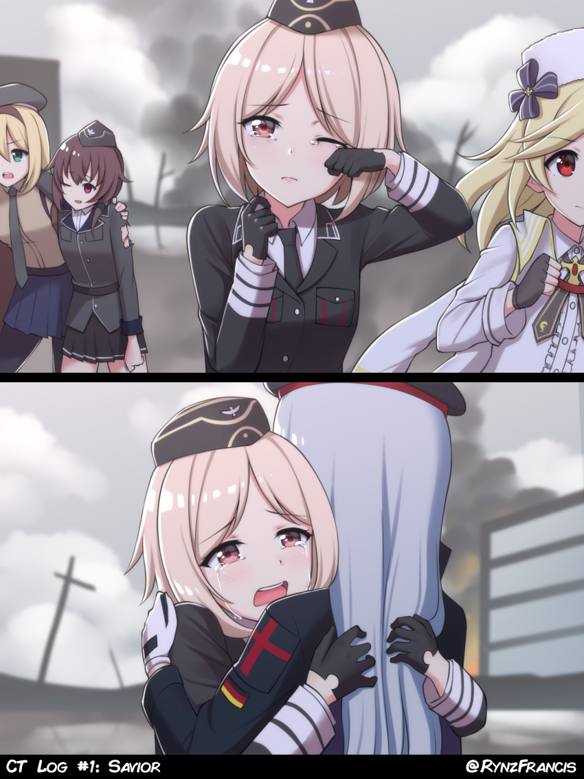 5girls beret crying eyebrows_visible_through_hair fur_hat girls'_frontline gloves hat highres hk416_(girls'_frontline) hug m1_garand_(girls'_frontline) military military_hat military_uniform mp40_(girls'_frontline) multiple_girls nagant_revolver_(girls'_frontline) necktie p38_(girls'_frontline) rynzfrancis textless torn_clothes uniform ushanka wehrmacht