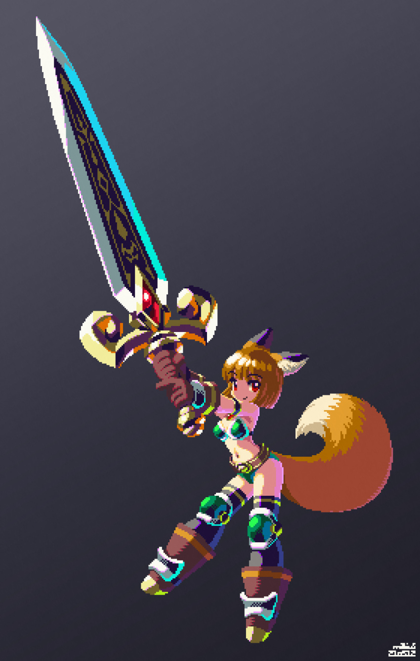 1girl animal_ears armor armpits arms_up artist_name bangs bare_shoulders belt bikini bikini_armor black_legwear blunt_bangs bob_cut boots brown_belt brown_footwear brown_gloves brown_hair closed_mouth commentary dated fox_ears fox_tail full_body gloves gradient gradient_background green_armor green_bikini grey_background highres holding holding_sword holding_weapon huge_weapon mabius navel original pixel_art red_eyes short_hair signature smile solo standing swimsuit sword tail thighhighs two-handed two-handed_sword warrior weapon