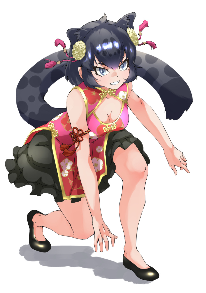 1girl absurdres animal_ears armband bare_arms bare_legs bare_shoulders black_footwear black_hair black_jaguar_(kemono_friends) black_skirt blue_eyes blush china_dress chinese_clothes dress eyebrows_visible_through_hair flats floral_print frilled_skirt frills hair_ornament highres jaguar_ears jaguar_girl jaguar_print jaguar_tail kemono_friends official_alternate_costume pink_dress short_hair skirt smile solo tail tanabe_(fueisei)