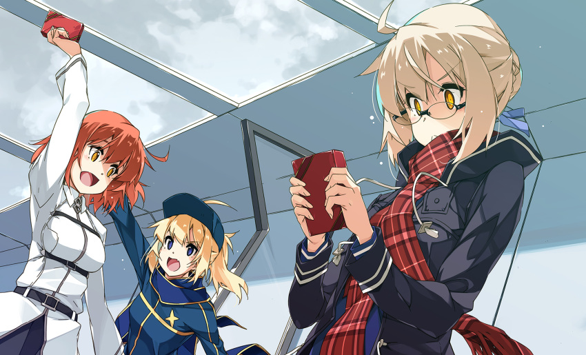 3girls ahoge arm_up artoria_pendragon_(fate) bangs baseball_cap black-framed_eyewear black_jacket blonde_hair blue_eyes blue_headwear braid braided_bun closed_mouth cloud cloudy_sky collar commentary day eyebrows_visible_through_hair fang fate/grand_order fate_(series) fringe_trim frown fujimaru_ritsuka_(female) gift glasses hair_bun hair_through_headwear hat highres holding holding_gift indoors jacket long_sleeves looking_at_another looking_back multiple_girls mysterious_heroine_x_(fate) open_clothes open_jacket open_mouth orange_eyes plaid plaid_scarf ponytail reaching red_hair red_scarf rimless_eyewear saber_alter scarf shikei skin_fang sky standing valentine white_collar