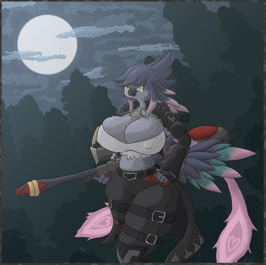 animal_humanoid anthro avian avian_humanoid belt big_breasts bird bludragoon breasts cleavage clothed clothing cloud corvid corvus_(genus) crop_top crow duel_monster eyewear feathers female forest fur_hire goggles goggles_around_neck gun hi_res huge_breasts humanoid jacket looking_at_viewer midriff moon night nipples oscine passerine plant ranged_weapon raven rifle sagitta_maverick_fur_hire shirt skyfang_brigade sniper_rifle solo squish thigh_squish topwear tree weapon yellow_eyes yugioh zipper