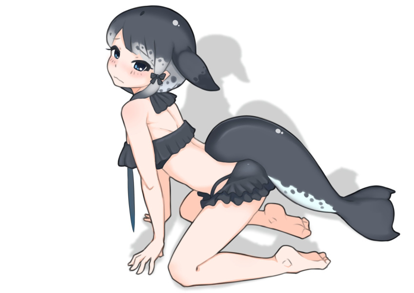 1girl alternate_costume bare_arms bare_legs bare_shoulders barefoot bikini blowhole blue_eyes blush bow commentary_request dolphin_girl dolphin_tail eyebrows_visible_through_hair frilled_bikini frills grey_hair grey_swimsuit hair_bow highres illu kemono_friends kneeling multicolored_hair narwhal_(kemono_friends) short_hair_with_long_locks sidelocks solo swimsuit wavy_mouth