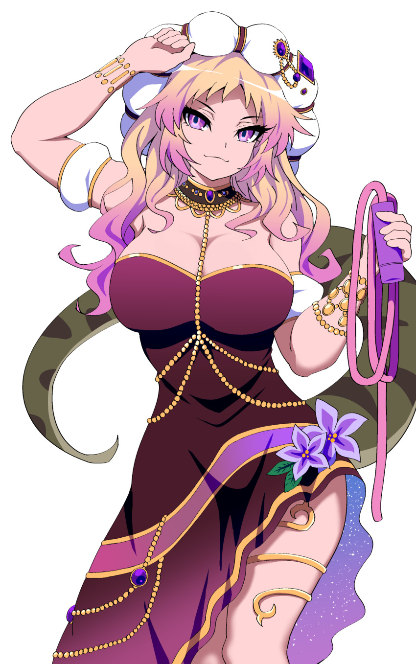 1girl african_rock_python_(kemono_friends) arm_up bare_shoulders blonde_hair breasts closed_mouth dress eyelashes flower hand_up hat head_tilt highres holding holding_whip jewelry kemono_friends large_breasts long_hair looking_at_viewer mamiyama multicolored_hair purple_eyes purple_hair smile solo strapless strapless_dress two-tone_hair weapon whip