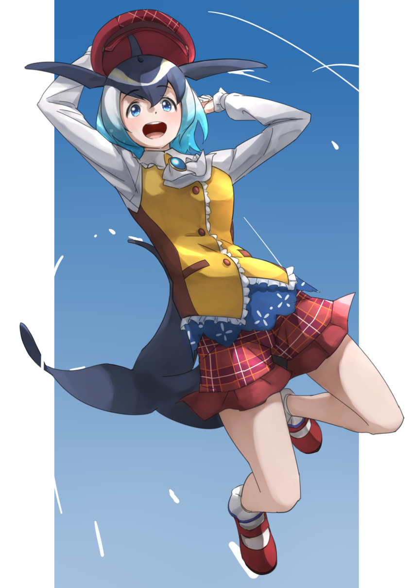1girl :d absurdres black_hair blonde_hair blowhole blue_eyes blue_hair blue_neckwear blush cabbie_hat collared_shirt common_dolphin_(kemono_friends) dolphin_girl dolphin_tail dorsal_fin eyebrows_visible_through_hair hat highres kemono_friends kemono_friends_3 long_sleeves midair multicolored_hair official_alternate_costume open_mouth plaid plaid_skirt red_headwear red_skirt shirt short_hair skirt smile solo tanabe_(fueisei) vest white_hair white_shirt yellow_vest