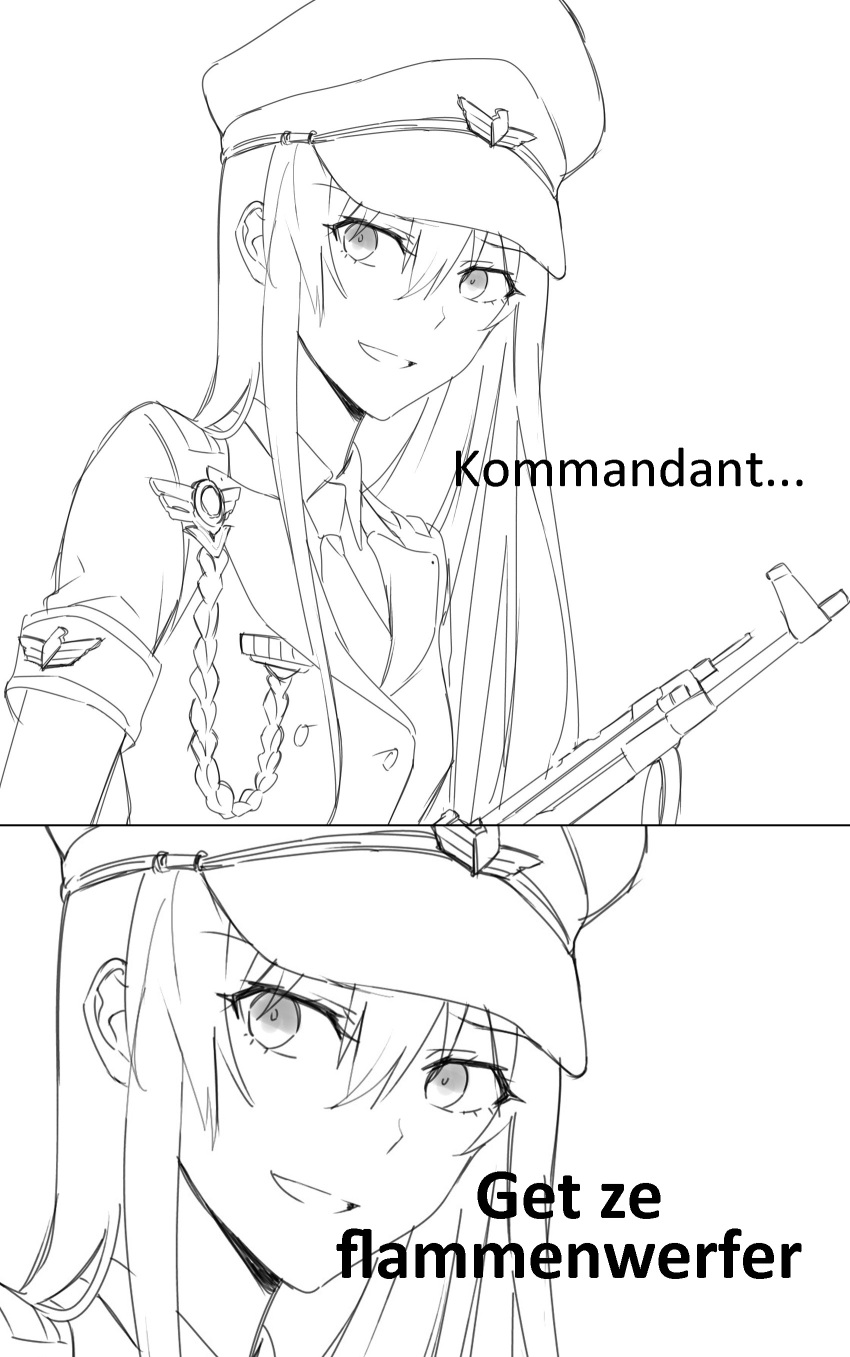 1girl absurdres assault_rifle bangs eyebrows_visible_through_hair girls'_frontline greyscale gun hair_between_eyes hat highres holding holding_gun holding_weapon jacket long_hair looking_at_viewer military military_hat military_uniform monochrome necktie open_mouth rifle smile solo stg44 stg44_(girls'_frontline) suprii translation_request uniform upper_body weapon white_background