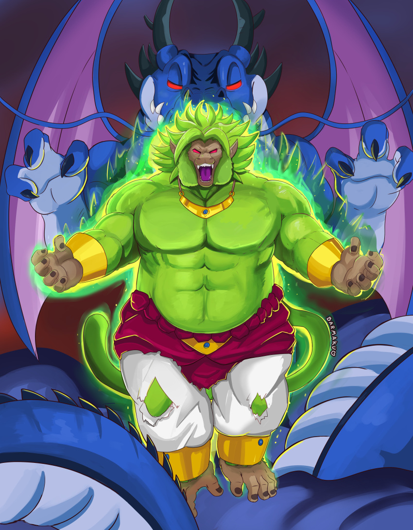 absurd_res anthro barmaku black_smoke_shenron broly clothing dragon dragon_ball dragon_ball_z duo fur green_body green_fur hi_res male male/male mammal muscular muscular_male oozaru open_mouth primate red_eyes saiyan simple_background