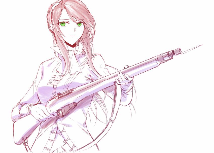 1girl bangs battle_rifle bayonet breasts brown_hair closed_mouth eyebrows_visible_through_hair girls'_frontline green_eyes greyscale gun hair_ornament highres holding holding_gun holding_weapon jacket lee-enfield lee-enfield_(girls'_frontline) long_hair looking_at_viewer monochrome rifle solo standing suprii uniform weapon white_background