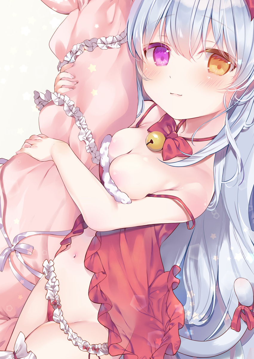 1girl absurdres ame_usari babydoll bangs bare_arms bare_shoulders bell blush bow bowtie breasts brown_eyes cat_tail cleavage closed_mouth eyebrows_visible_through_hair frilled_panties frills hair_between_eyes heterochromia highres jingle_bell long_hair medium_breasts neck_bell object_hug original panties pillow pillow_hug purple_eyes red_bow red_bowtie red_panties red_ribbon ribbon silver_hair simple_background smile solo strap_slip tail tail_ornament tail_ribbon underwear underwear_only very_long_hair white_background