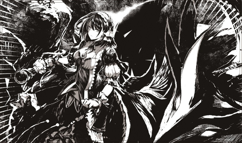 1girl bangs bonnet bow bowtie breasts clenched_hand dress duel_monster glaring gloves holding holding_wand jewelry ku-ba monochrome necklace short_hair solo underworld_goddess_of_the_closed_world wand wings yu-gi-oh!