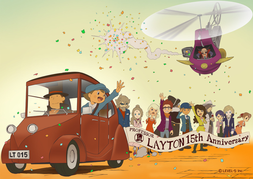5girls 6+boys adjusting_clothes adjusting_headwear aircraft angela_ledore anniversary anthony_herzen aria_(professor_layton) beard blonde_hair blue_eyes blush_stickers bronev_reinel brown_hair car coat confetti copyright_name don_paolo facial_hair flora_reinhold future_luke glasses gloves goatee grandfather_and_granddaughter ground_vehicle hat helicopter hershel_layton highres jean_descole jewelry katia_anderson level-5 long_hair luke_triton motor_vehicle multiple_boys multiple_girls mustache necklace official_art pearl_necklace ponytail professor_layton purple_hair randall_ascot red_hair remi_altava simple_background top_hat waving wheel