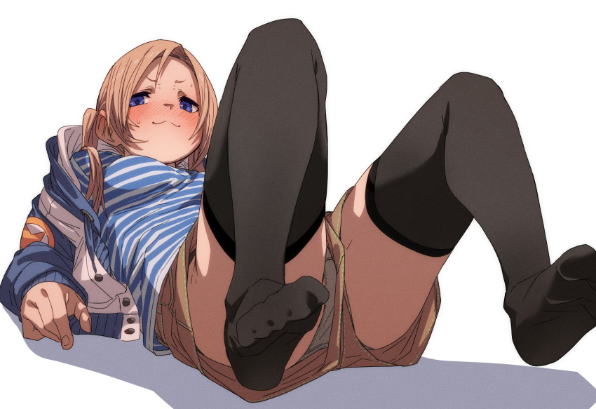 1girl :3 arm_support bangs beige_shorts black_legwear blonde_hair blue_eyes blue_jacket blue_shirt blush breasts closed_mouth drawstring ear_blush embarrassed feet film_grain from_below from_side fu-ta full-face_blush full_body furrowed_brow groin highres horizontal_stripes jacket knees_up long_hair long_sleeves looking_at_viewer looking_down low_twintails m_legs medium_breasts narrowed_eyes no_shoes off_shoulder open_clothes open_jacket original panties panties_under_shorts pantyshot parted_bangs perspective shadow shirt short_eyebrows shorts simple_background sleeves_past_wrists soles solo split_mouth spread_legs star_(symbol) star_print striped striped_shirt sweat thighhighs thighs toe_scrunch twintails underwear upshorts white_background white_panties