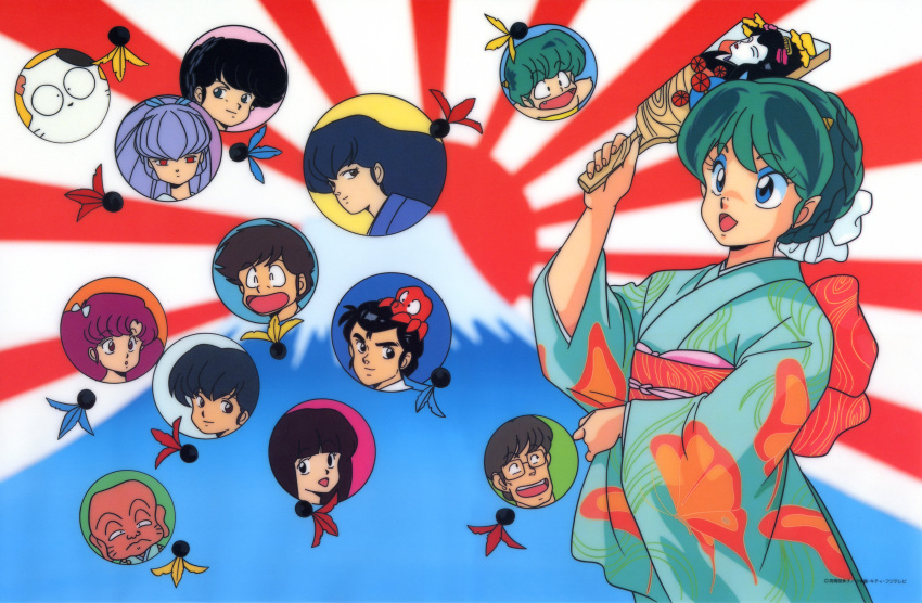 1980s_(style) 5boys 6+girls absurdres animal_on_head animal_print bald ball benten black_eyes black_hair blue_eyes braid butterfly_print cherry_(urusei_yatsura) fang fujinami_ryuunosuke green_hair highres holding holding_racket horns japanese_clothes kimono kotatsu-neko lum megane_(urusei_yatsura) mendou_shuutarou miyake_shinobu moroboshi_ataru mount_fuji mountain multiple_boys multiple_girls non-web_source octopus official_art on_head oni oni_horns open_mouth oyuki_(urusei_yatsura) pink_hair racket ran_(urusei_yatsura) red_eyes retro_artstyle rising_sun sakura_(urusei_yatsura) scan smile sunburst ten_(urusei_yatsura) tennis_ball urusei_yatsura