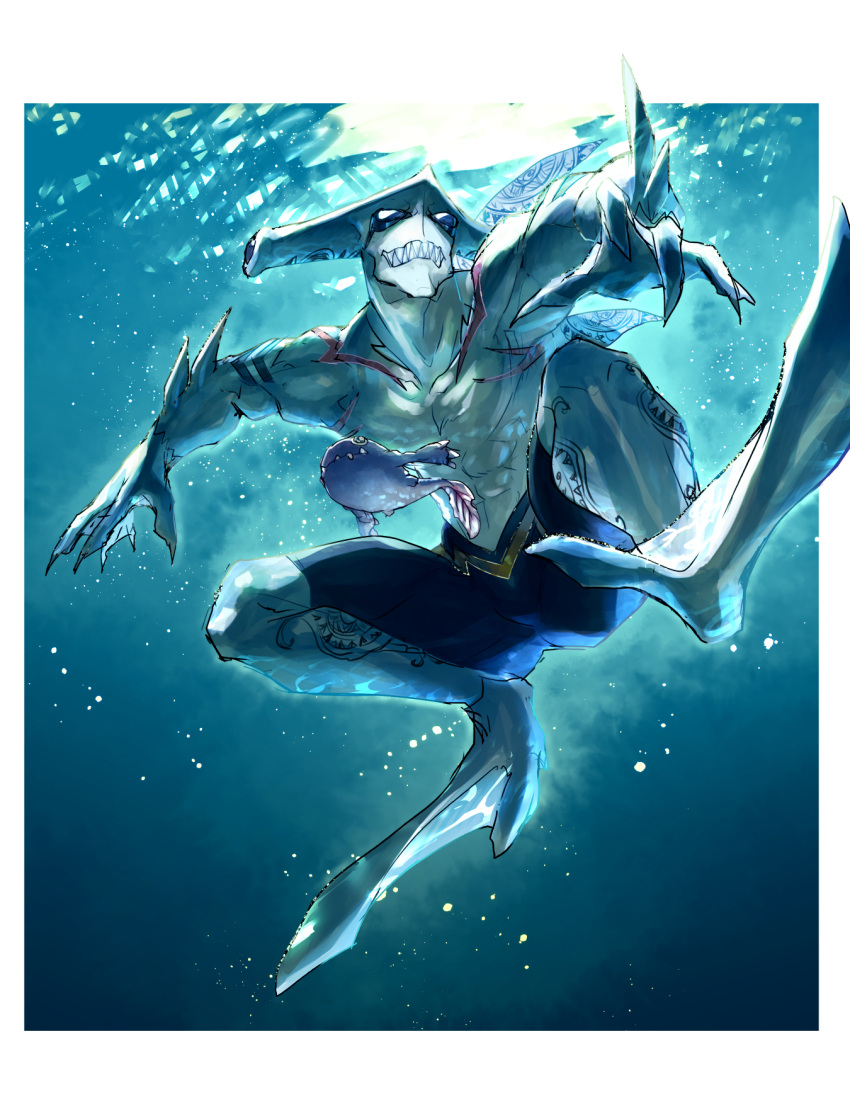 1boy abs blue_eyes blue_shorts border clenched_teeth commentary digimon digimon_(creature) divemon fins full_body hammerhead_shark highres male_focus muscular muscular_male no_humans sharp_teeth shorts solo squatting teeth tokonatu topless_male underwater webbed_feet webbed_hands white_border