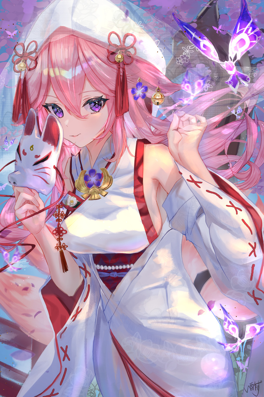 1girl absurdres animal_ears breasts bug butterfly cowboy_shot crystalfly_(genshin_impact) detached_sleeves earrings flower fox_ears fox_mask genshin_impact hair_between_eyes hair_flower hair_ornament highres holding holding_mask isuzu_(an_icy_cat) japanese_clothes jewelry kimono large_breasts long_hair looking_at_viewer mask miko pink_hair purple_eyes signature smile uchikake vision_(genshin_impact) yae_miko