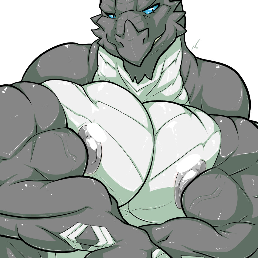 anthro big_muscles blue_eyes claws danandnite digital_media_(artwork) dominant dragon front_view grey_body grin hi_res huge_muscles hyper hyper_muscles kardukk kobold male multicolored_body muscular nipples pecs pose raised_claws reptile scalie shaded signature smile solo standing teeth two_tone_body white_body