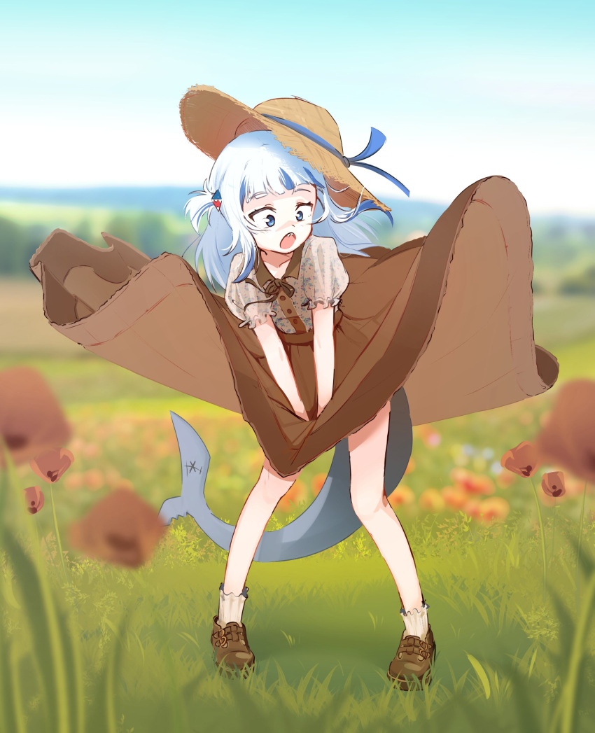 1girl :o absurdres alternate_costume bangs blue_eyes blue_hair blue_ribbon blunt_bangs blurry blurry_background brown_footwear brown_skirt commentary day dudul eyebrows_visible_through_hair fish_tail flower full_body gawr_gura grass hat hat_ribbon highres hololive hololive_english legs_apart long_hair long_skirt looking_away multicolored_hair open_mouth outdoors puffy_short_sleeves puffy_sleeves ribbon shark_tail shirt shoes short_sleeves skirt solo standing straw_hat streaked_hair tail two-tone_hair virtual_youtuber white_hair wind wind_lift