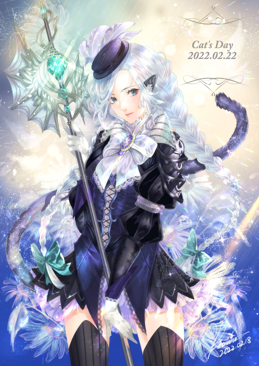 1girl animal_ears banamons black_dress black_headwear black_legwear bow braid brooch cat_day cat_ears cat_tail dated dress gloves green_bow hair_bow hat hat_feather highres holding holding_staff jewelry looking_at_viewer original personification staff tail thighhighs twin_braids twintails white_bow white_gloves white_hair