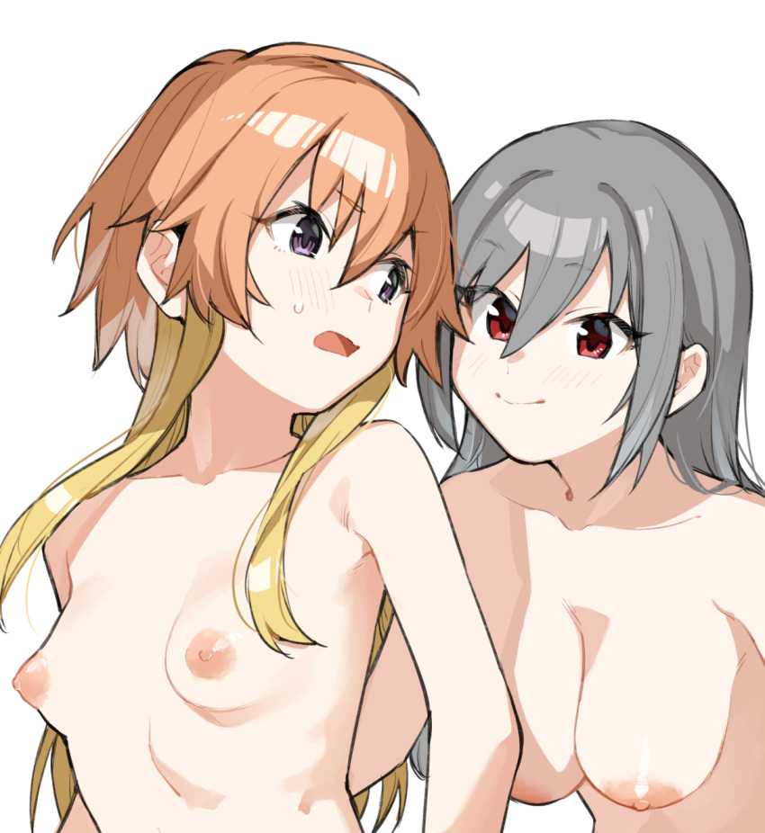 2girls :&gt; alternate_hairstyle areolae armpit_peek bangs blonde_hair blush breasts cleavage closed_mouth collarbone completely_nude d: dark_illuminate_(idolmaster) eye_contact eyebrows_visible_through_hair eyes_visible_through_hair floating_hair flustered grey_hair hair_between_eyes hair_down hair_extensions hanging_breasts highres idolmaster idolmaster_cinderella_girls kanzaki_ranko large_areolae large_breasts long_hair looking_at_another looking_to_the_side muchi_maro multicolored_hair multiple_girls ninomiya_asuka nipples nude open_mouth orange_hair purple_eyes red_eyes ribs shiny shiny_hair side-by-side simple_background small_breasts smile startled surprised sweat tsurime two-tone_hair upper_body v-shaped_eyebrows wavy_mouth white_background