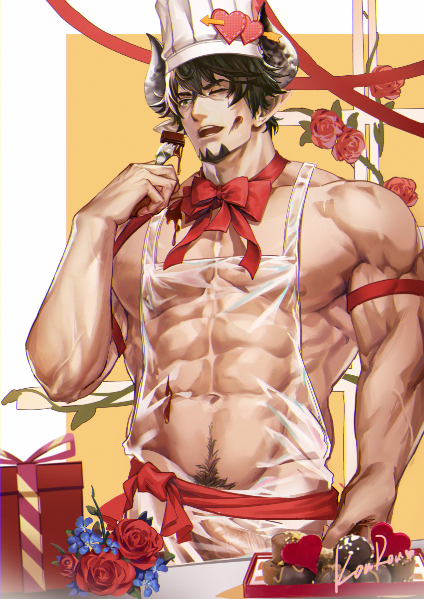 1boy abs absurdres anjingkuxiao apron armband bangs bara barawa black_hair blue_flower box box_of_chocolates chef_hat chocolate cow_boy draph facial_hair flower food food_on_face fork gift goatee granblue_fantasy hat highres holding holding_fork horns large_pectorals male_focus muscular muscular_male navel navel_hair nipples one_eye_closed open_mouth pectorals red_flower red_rose rose see-through short_hair solo