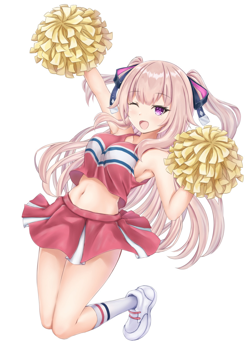 1girl alien arm_up armpits breasts cheerleader commission crop_top crop_top_overhang hair_ribbon highres holding holding_pom_poms hoshifuri_iku large_breasts long_hair matsu520 midriff miniskirt navel one_eye_closed open_mouth pink_hair pleated_skirt pom_pom_(cheerleading) prism_project purple_eyes ribbon shirt shoes skeb_commission skirt sleeveless sleeveless_shirt sneakers socks solo two_side_up virtual_youtuber