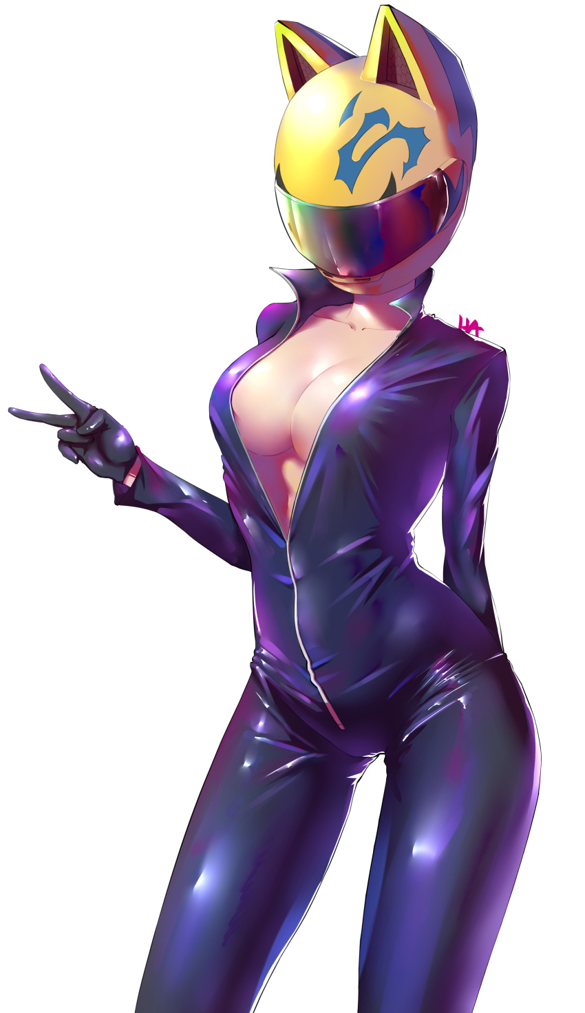 1girl 1yen absurdres animal_ears arm_behind_back biker_clothes bikesuit black_bodysuit black_gloves bodysuit breasts cat_ears celty_sturluson cleavage collarbone contrapposto cowboy_shot dullahan durarara!! gloves hand_up helmet highres medium_breasts motorcycle_helmet open_bodysuit partially_unzipped simple_background solo tight v visor white_background yellow_headwear