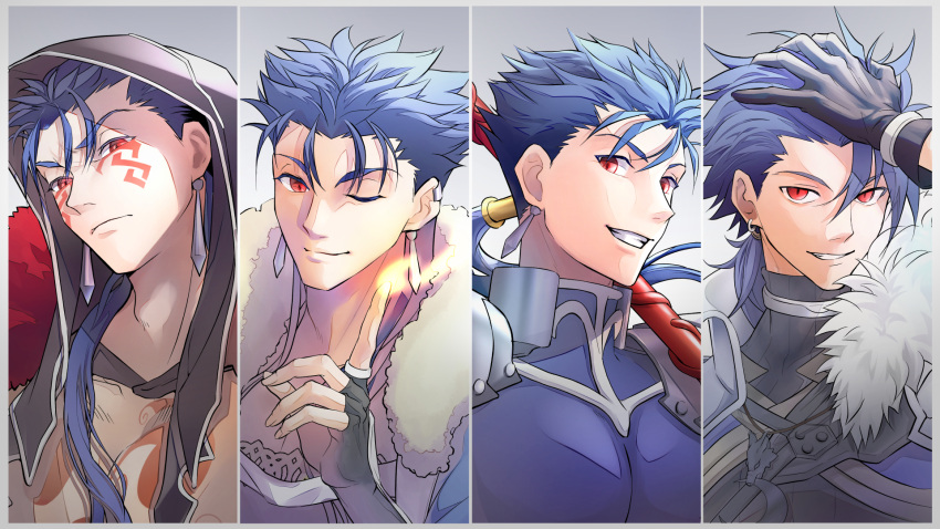 4boys armor black_gloves blue_hair chest_tattoo closed_mouth column_lineup cu_chulainn_(caster)_(fate) cu_chulainn_(fate) cu_chulainn_(fate/prototype) cu_chulainn_(fate/stay_night) cu_chulainn_alter_(fate/grand_order) earrings expressionless facial_mark fate/grand_order fate_(series) fingerless_gloves fur_trim gae_bolg_(fate) gloves gradient gradient_background grey_background grin hair_over_shoulder hair_strand hand_on_own_head highres hood jewelry kassan_(kassan_5a) long_hair looking_at_viewer male_focus multiple_boys pauldrons ponytail red_eyes shoulder_armor smile tattoo white_background