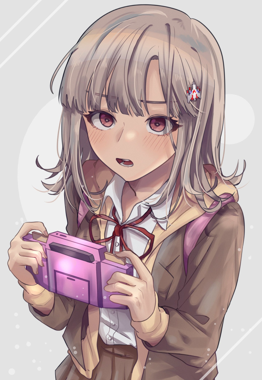 1girl backpack bag bangs blush brown_hair brown_jacket brown_skirt collared_shirt danganronpa_(series) danganronpa_3_(anime) dress_shirt galaga hair_ornament handheld_game_console highres holding holding_handheld_game_console hood hood_down hooded_jacket hope's_peak_academy_school_uniform jacket long_sleeves medium_hair meosjinjasig nanami_chiaki neck_ribbon open_mouth pink_bag red_ribbon ribbon school_uniform shirt shirt_tucked_in skirt smile teeth tongue upper_body white_shirt