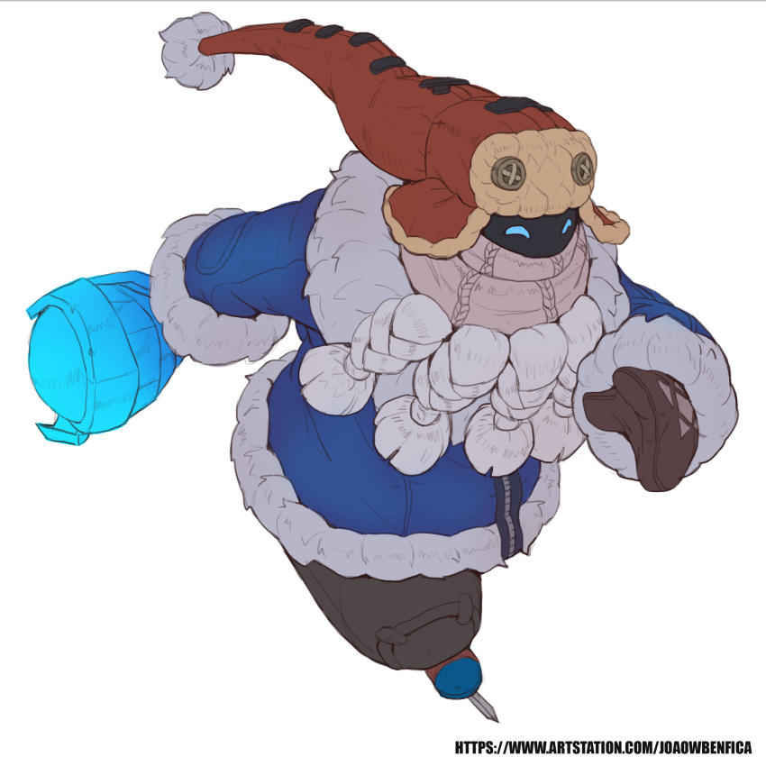 1boy absurdres artist_name bard_(league_of_legends) beard black_skin blue_jacket brown_gloves brown_headwear brown_pants colored_skin facial_hair gloves grey_scarf happy highres holding holding_weapon jacket joaowbenfica league_of_legends long_sleeves pants scarf snow_day_bard solo weapon web_address