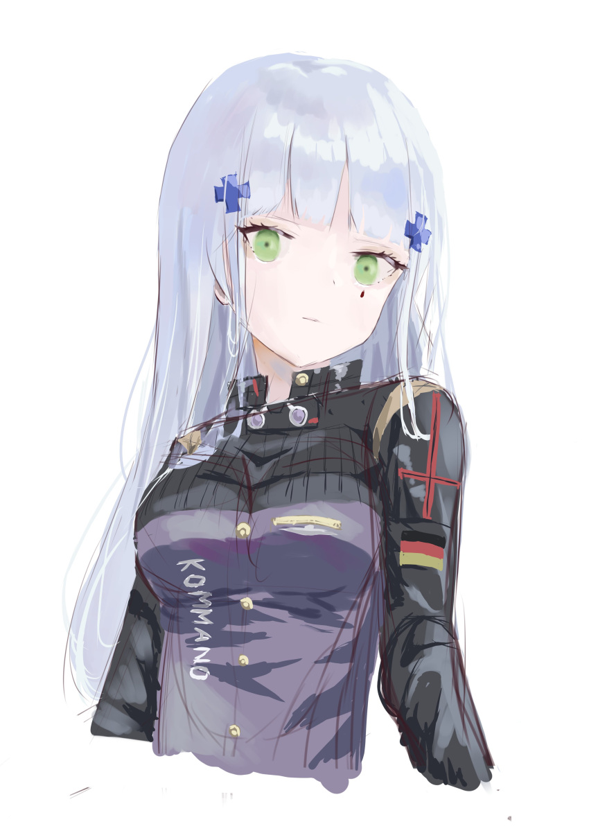1girl absurdres bangs breasts closed_mouth cropped_torso eyebrows_visible_through_hair german_flag girls'_frontline green_eyes hair_ornament hairclip highres hk416_(girls'_frontline) light_blue_hair long_hair looking_at_viewer medium_breasts solo tactical_clothes teardrop_facial_mark teardrop_tattoo uniform upper_body wh1te white_background