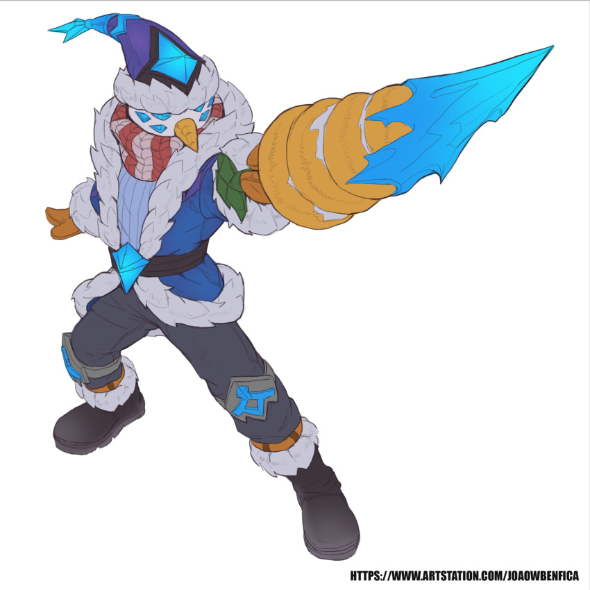 1boy belt black_belt black_footwear black_pants blue_headwear blue_jacket carrot fur-trimmed_headwear fur-trimmed_jacket fur_trim grey_background highres holding ice jacket joaowbenfica league_of_legends male_focus master_yi official_alternate_costume pants red_scarf scarf simple_background snow_man_yi snowman solo standing weapon white_scarf